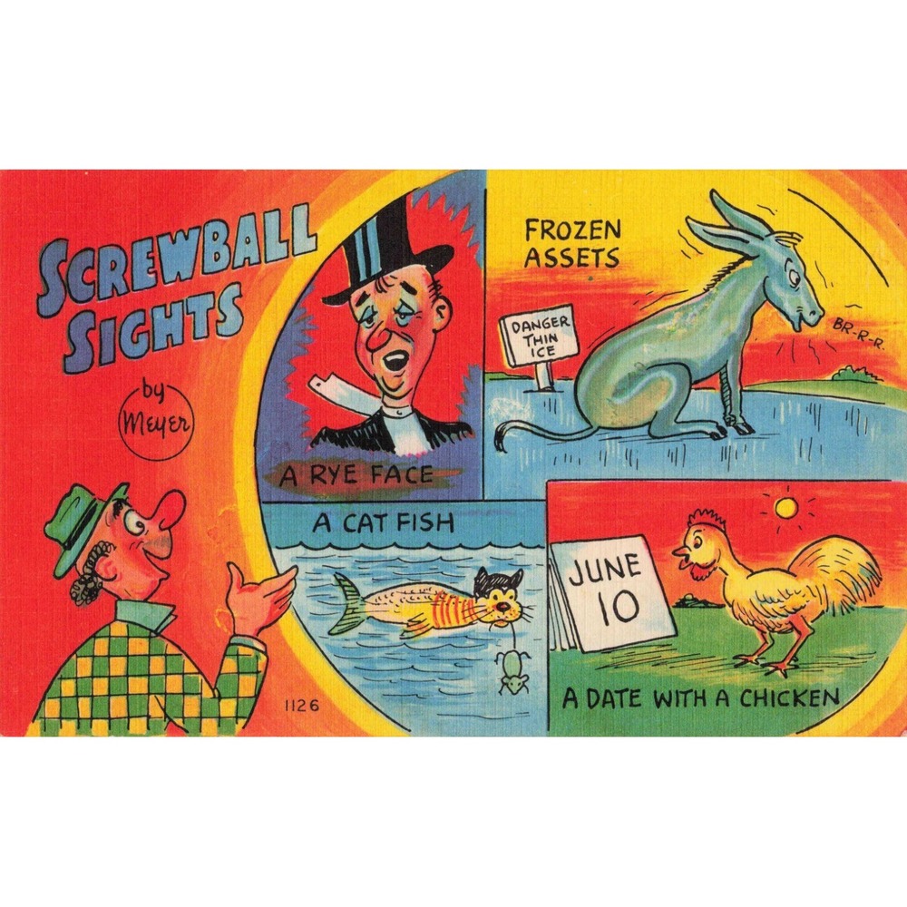 Vintage Screwball Sights by Meyer Comic Linen Postcard 1126 Visual Puns VG+ - Picture 1 of 2